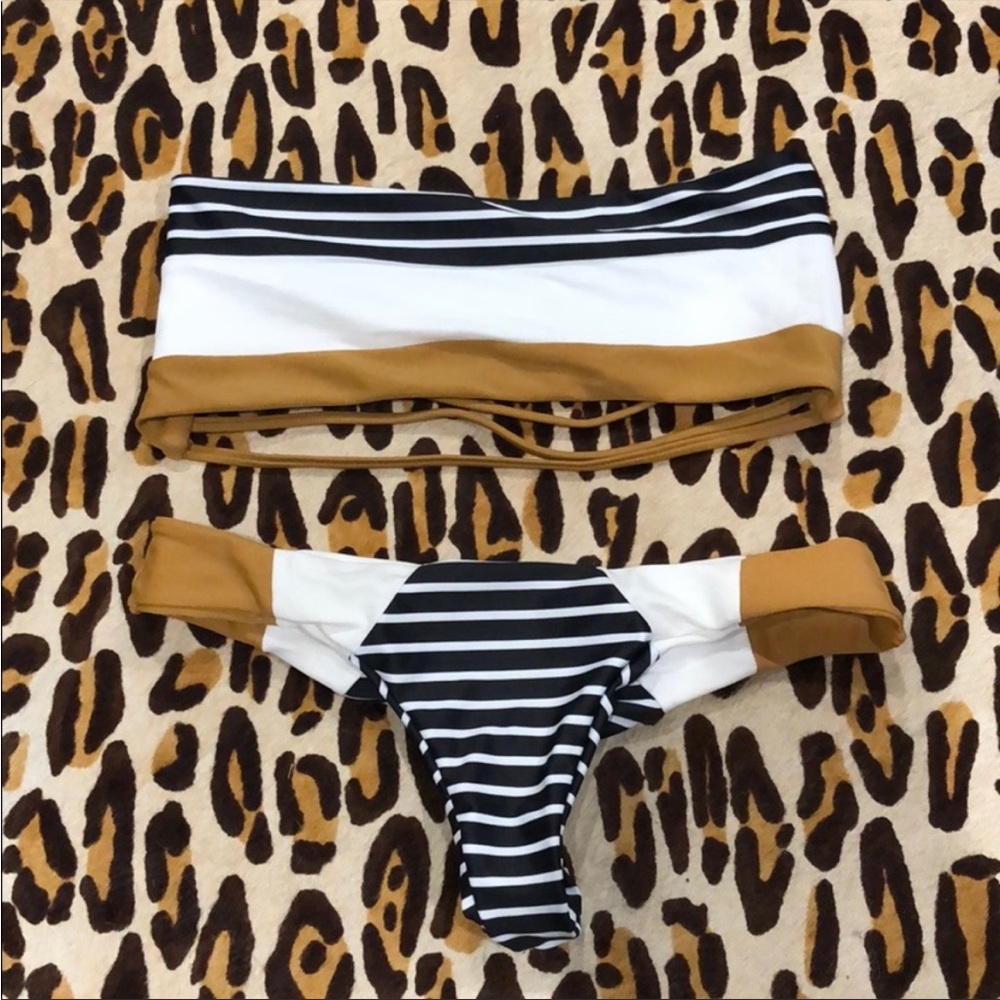 Striped Black and White Bikini with Tan Accents